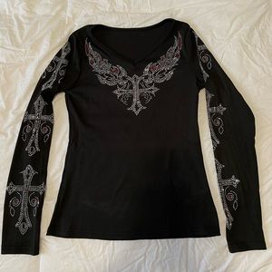 Emmiol embellished black ribbed shirt, size medium NWT